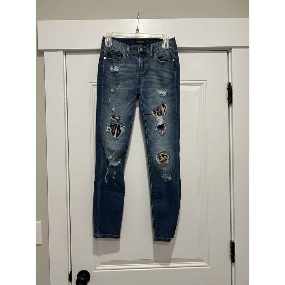 Judy Blue Skinny Fit Dark Blue Distressed With Animal Print Jeans Size 5/27 USA
